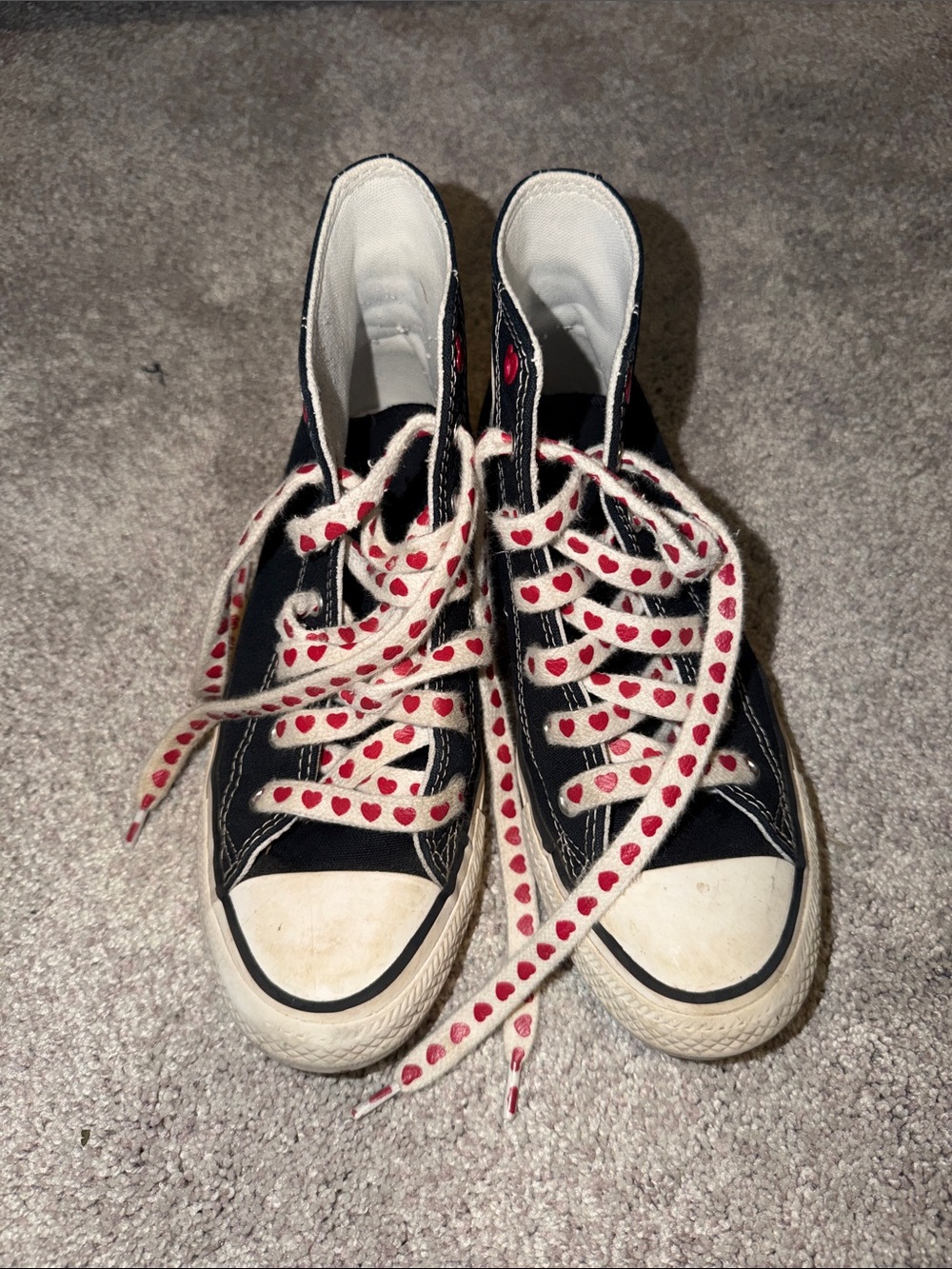 Converse Black High-Top Sneakers with Red Heart Laces